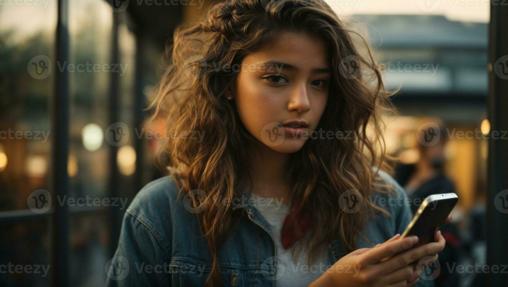 fermer portrait de Jeune content femme à la recherche dans caméra. ai généré photo