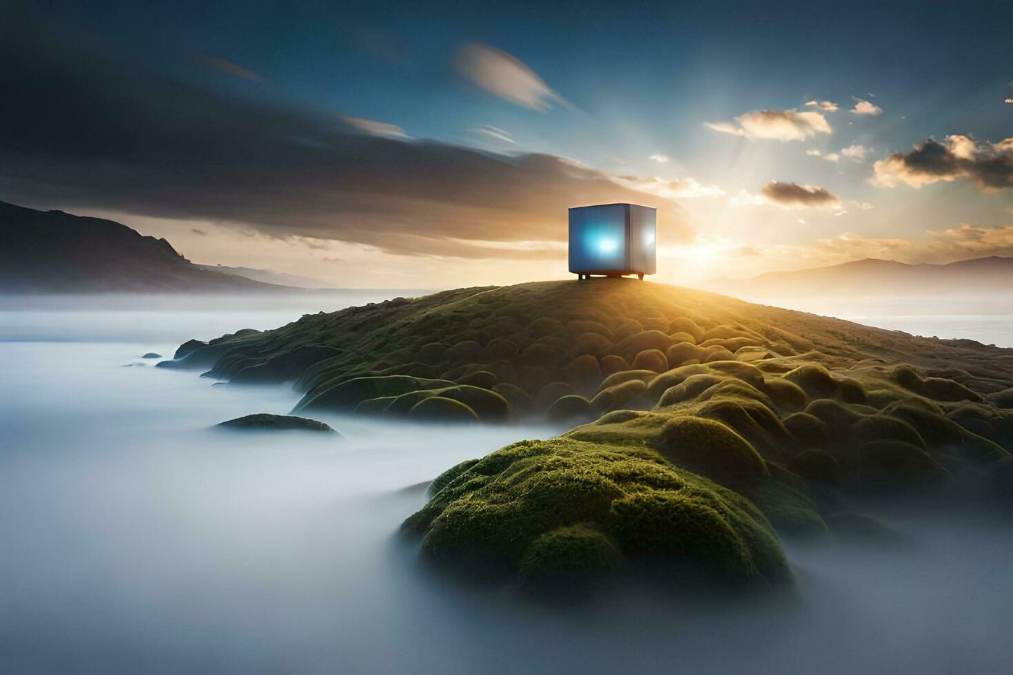 une boîte séance sur Haut de une colline avec brouillard. généré par ai photo