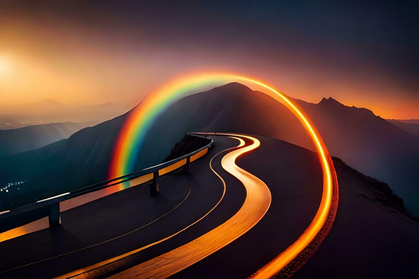 une arc en ciel est vu dans le ciel plus de une route. généré par ai photo