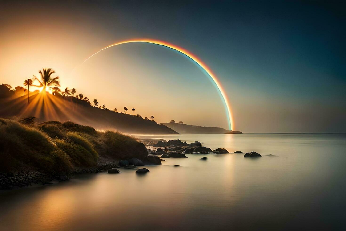 une arc en ciel est vu plus de le océan dans cette photo. généré par ai photo