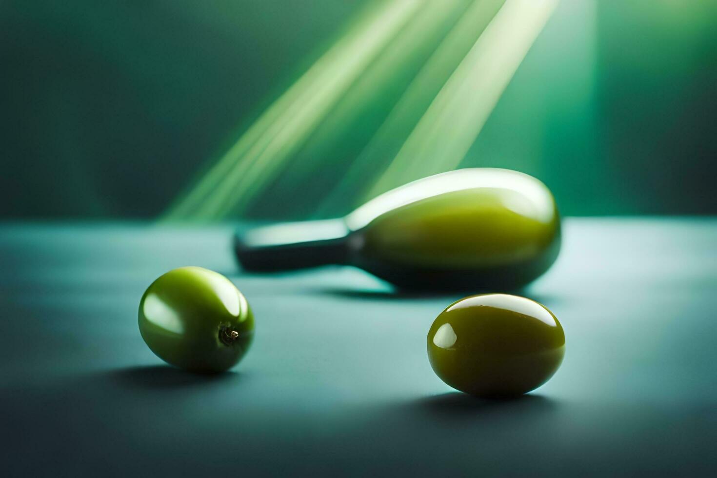 deux vert Olives et une bouteille de olive huile. généré par ai photo