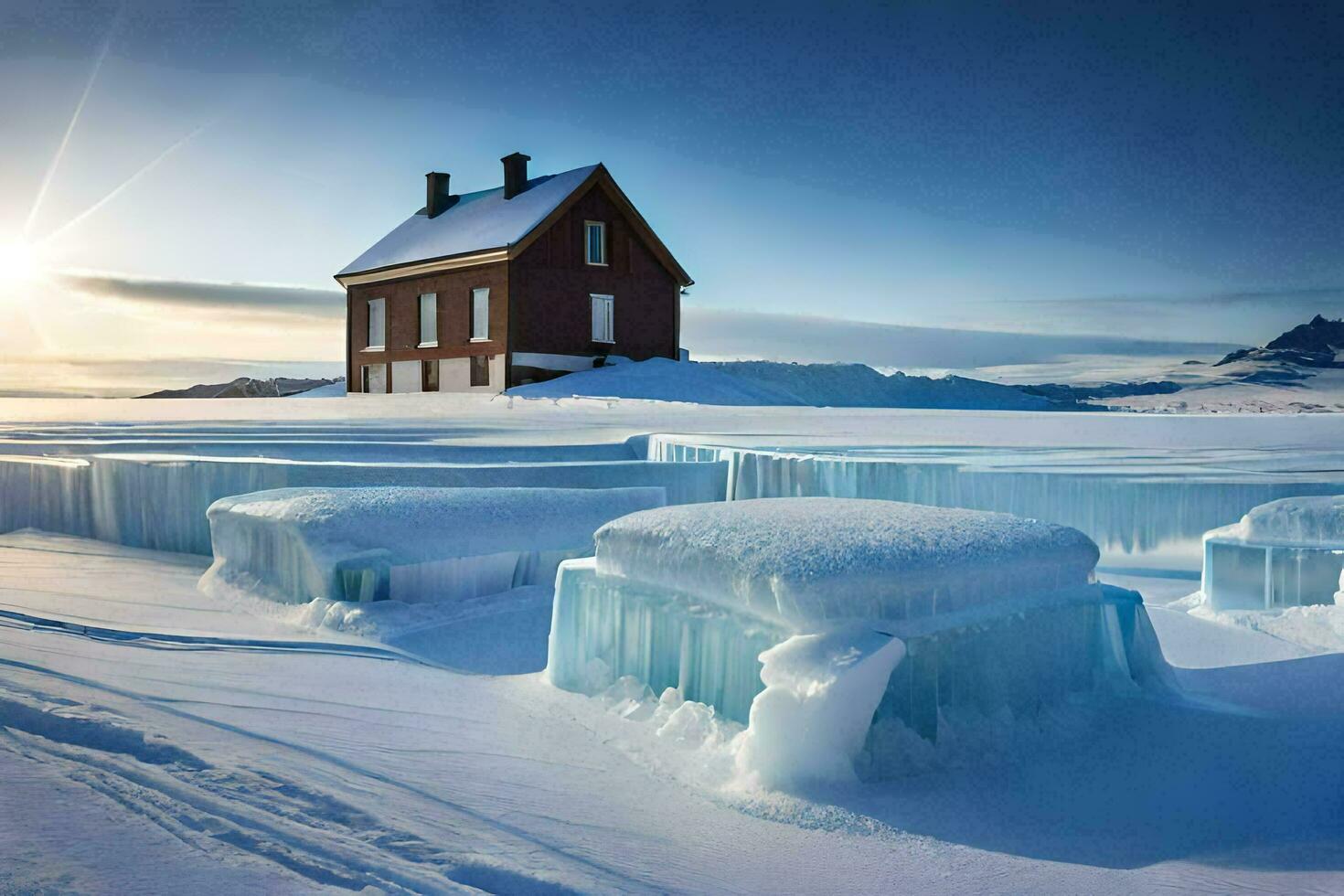 une maison dans le neige avec la glace blocs. généré par ai photo