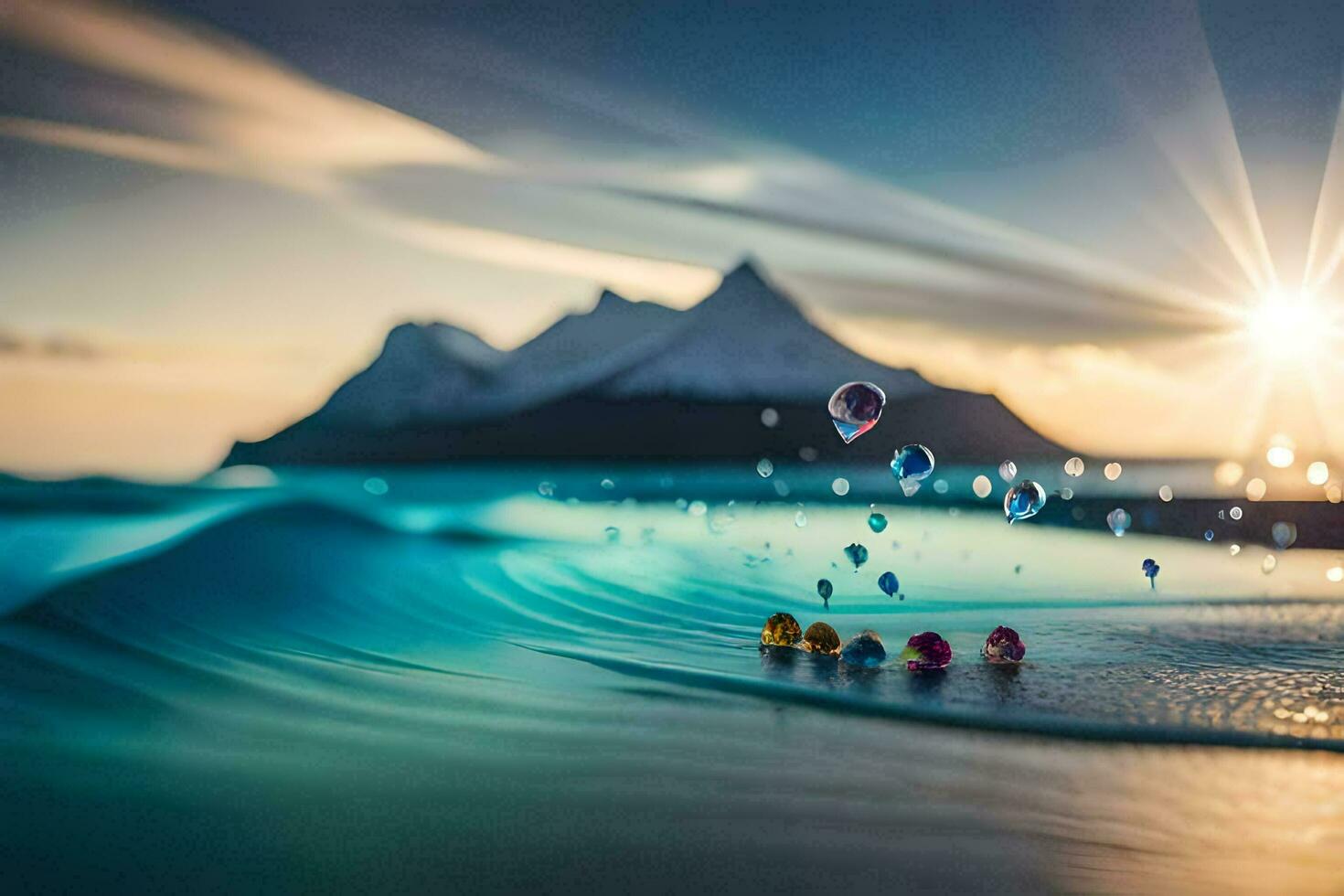 le Soleil est brillant plus de une vague avec bulles dans le l'eau. généré par ai photo