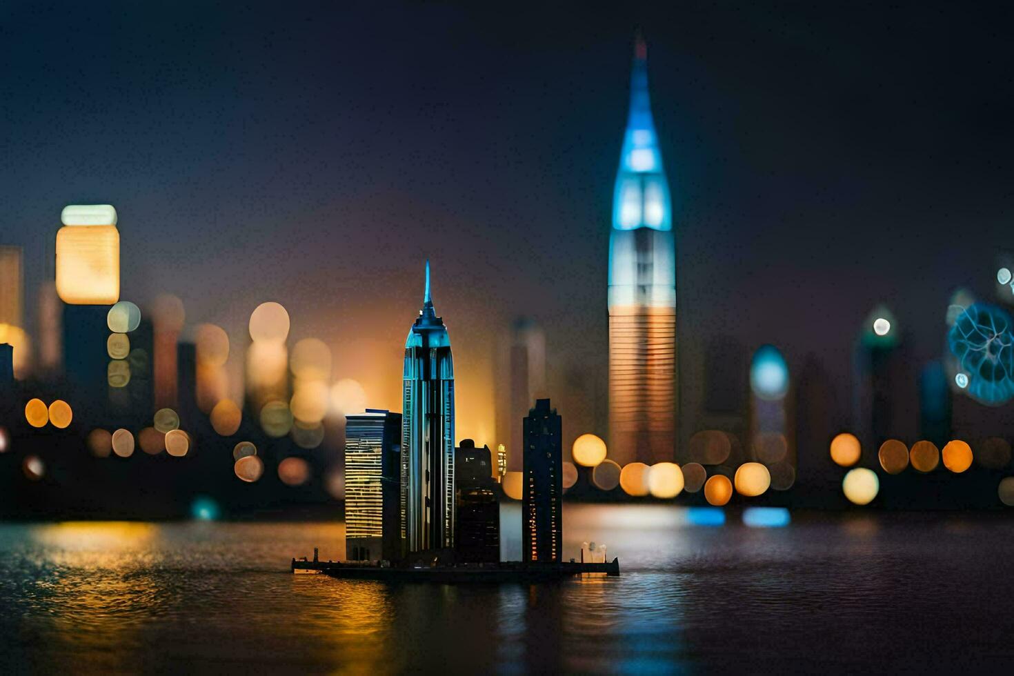 une ville horizon à nuit avec lumières sur le bâtiments. généré par ai photo