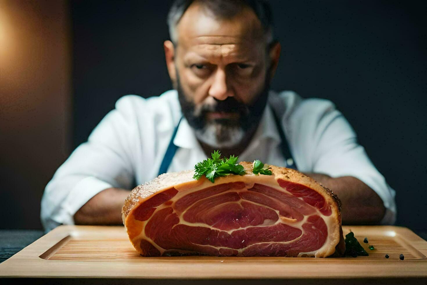 une homme avec une barbe et une blanc chemise est séance dans de face de une grand jambon. généré par ai photo