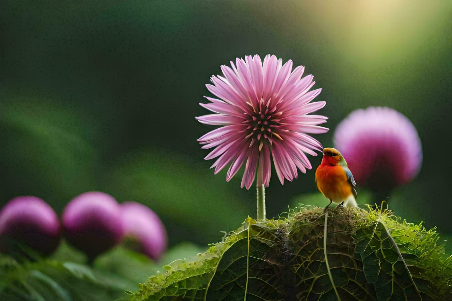 une oiseau est perché sur Haut de une fleur. généré par ai photo