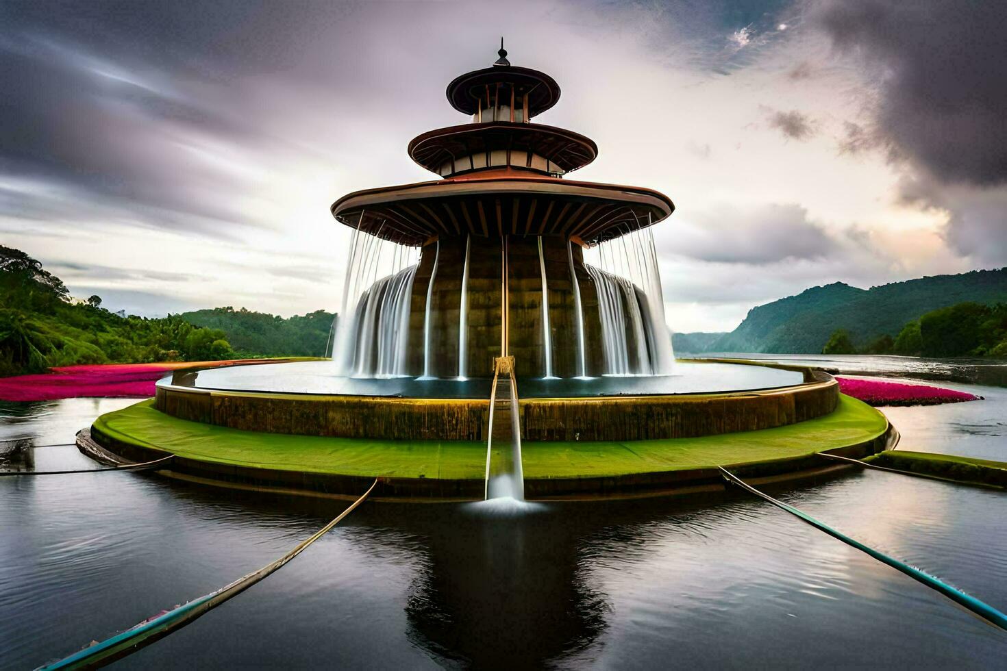 une Fontaine dans le milieu de une Lac avec l'eau écoulement en dehors de il. généré par ai photo