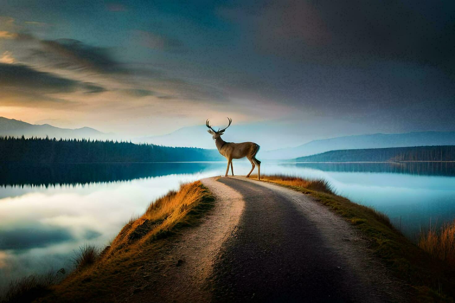 une cerf des stands sur une route près une lac. généré par ai photo