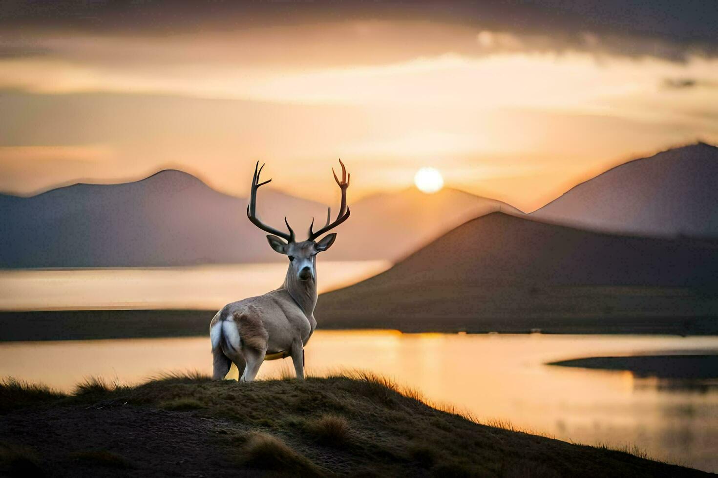 une cerf des stands sur une colline surplombant une Lac à le coucher du soleil. généré par ai photo