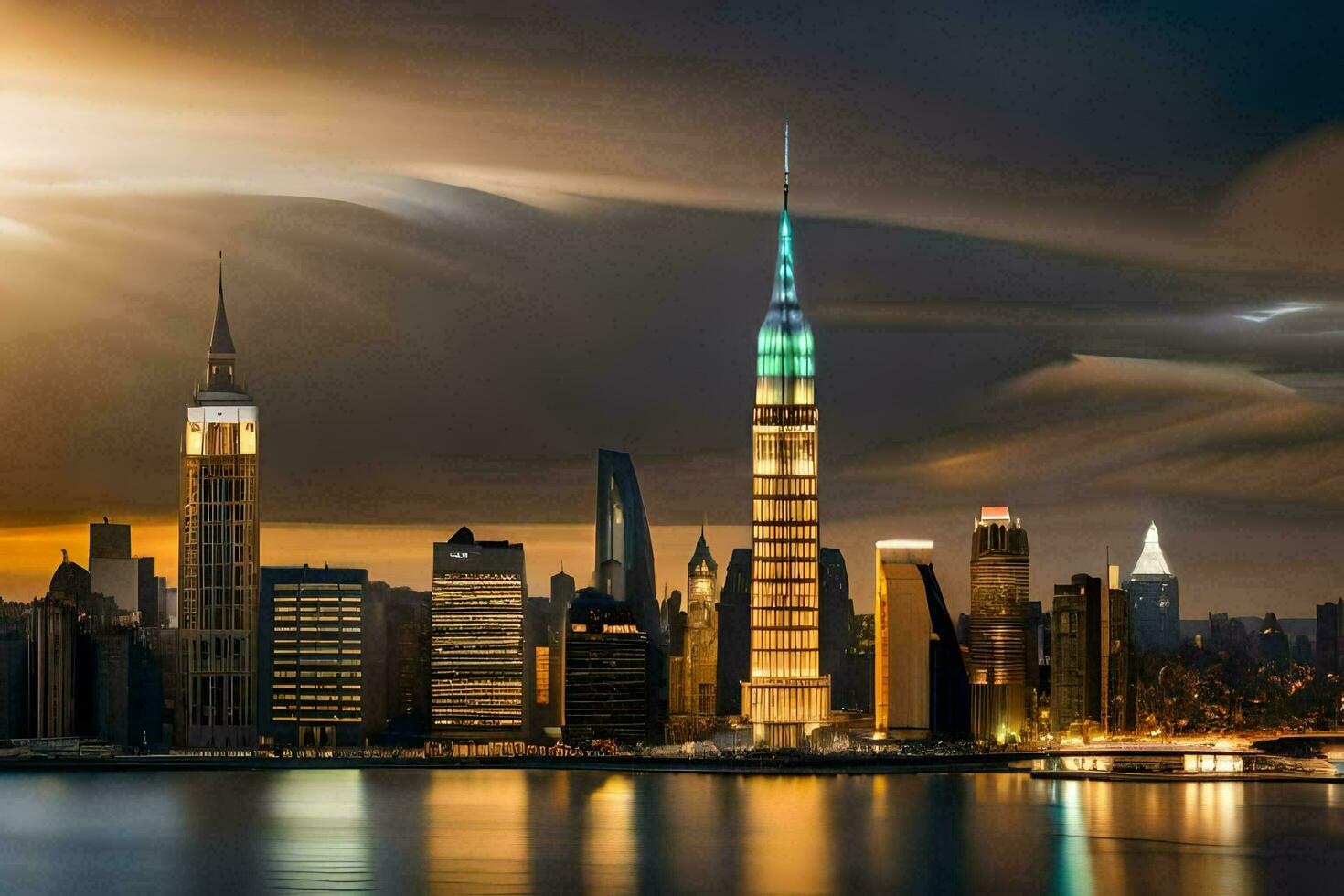 le ville horizon à nuit avec une orageux ciel. généré par ai photo