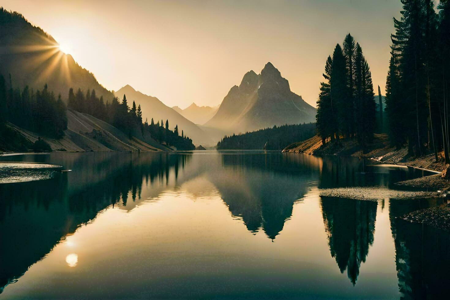 le Soleil monte plus de une Montagne Lac dans le Matin. généré par ai photo