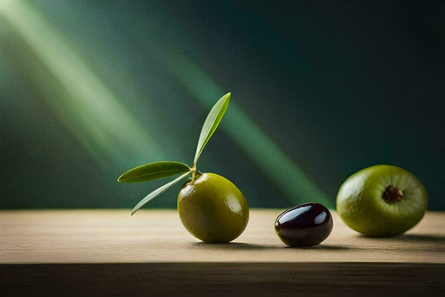 Olives sur une en bois table avec vert feuilles. généré par ai photo