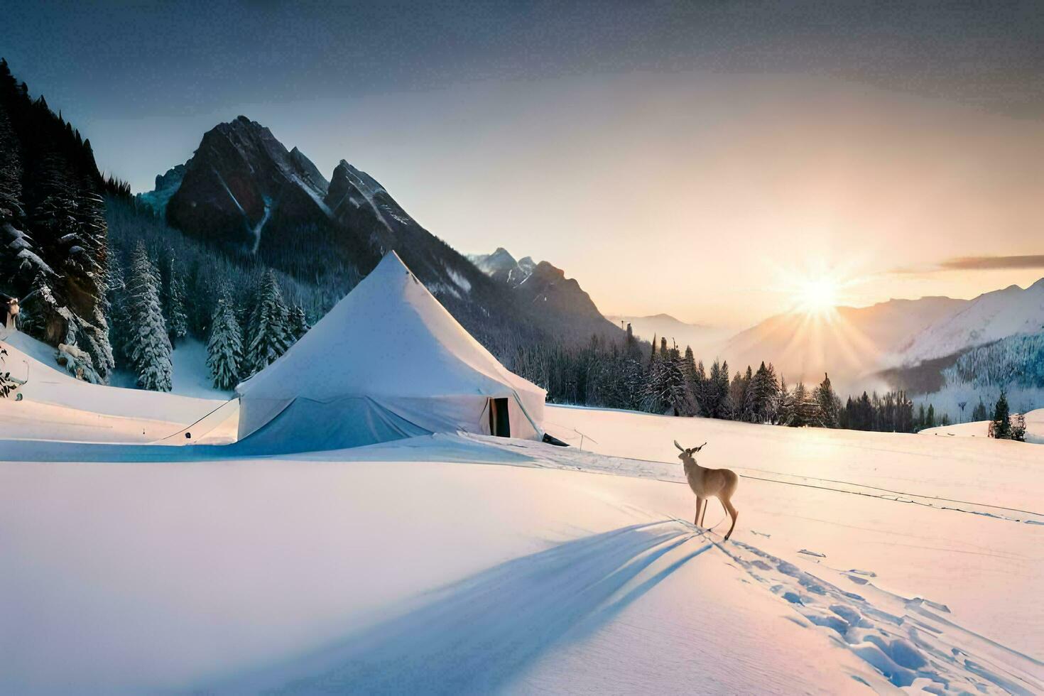 une cerf des stands dans de face de une tente dans le neige. généré par ai photo