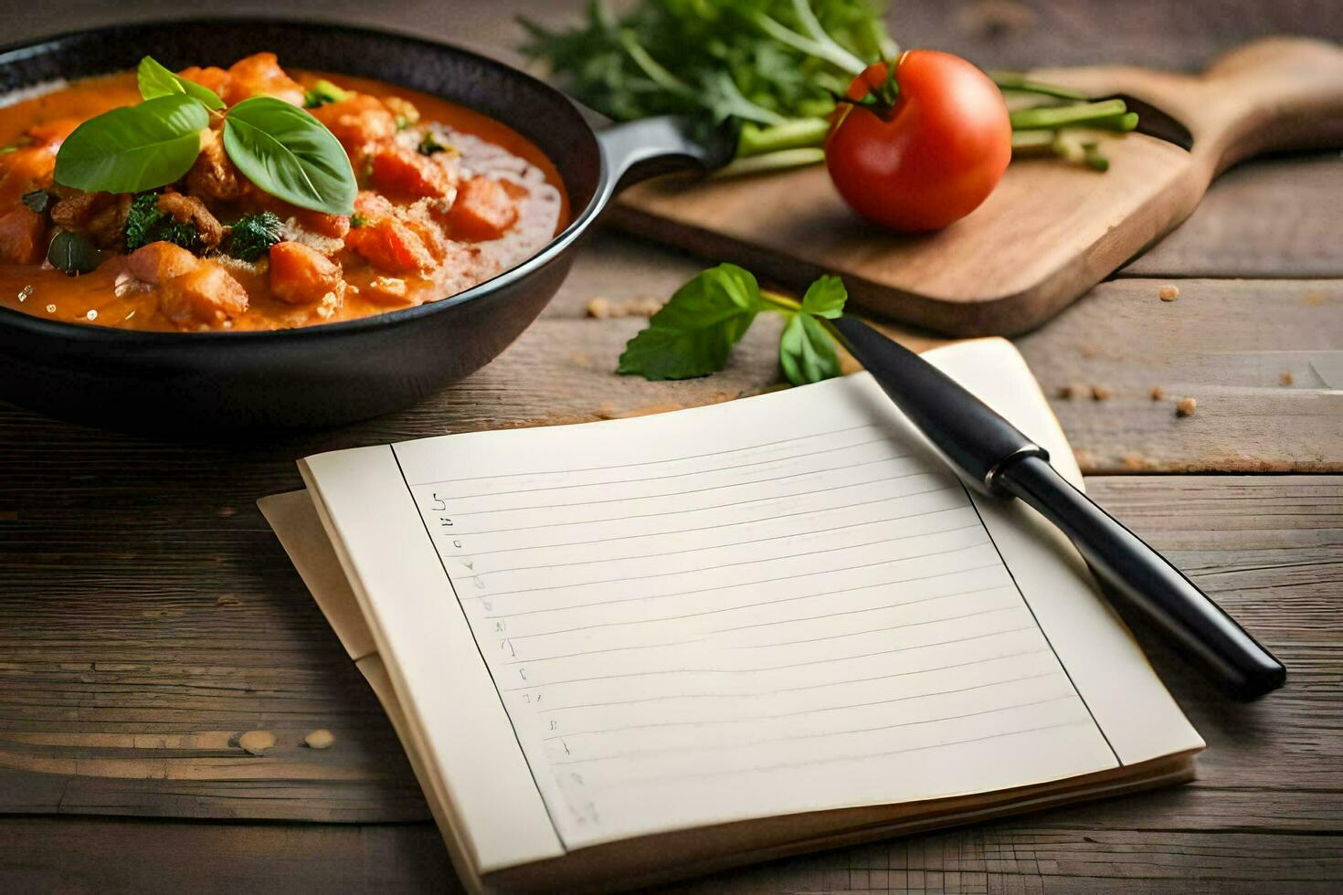 une carnet avec une stylo et une bol de aliments. généré par ai photo