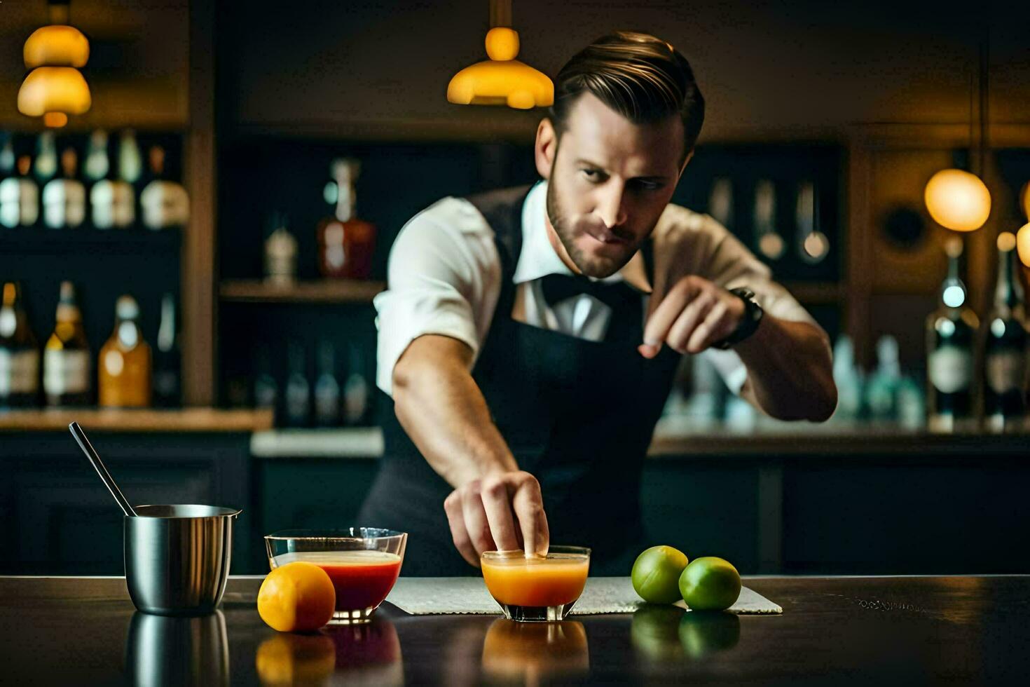 une barman en train de préparer un Orange cocktail. généré par ai photo