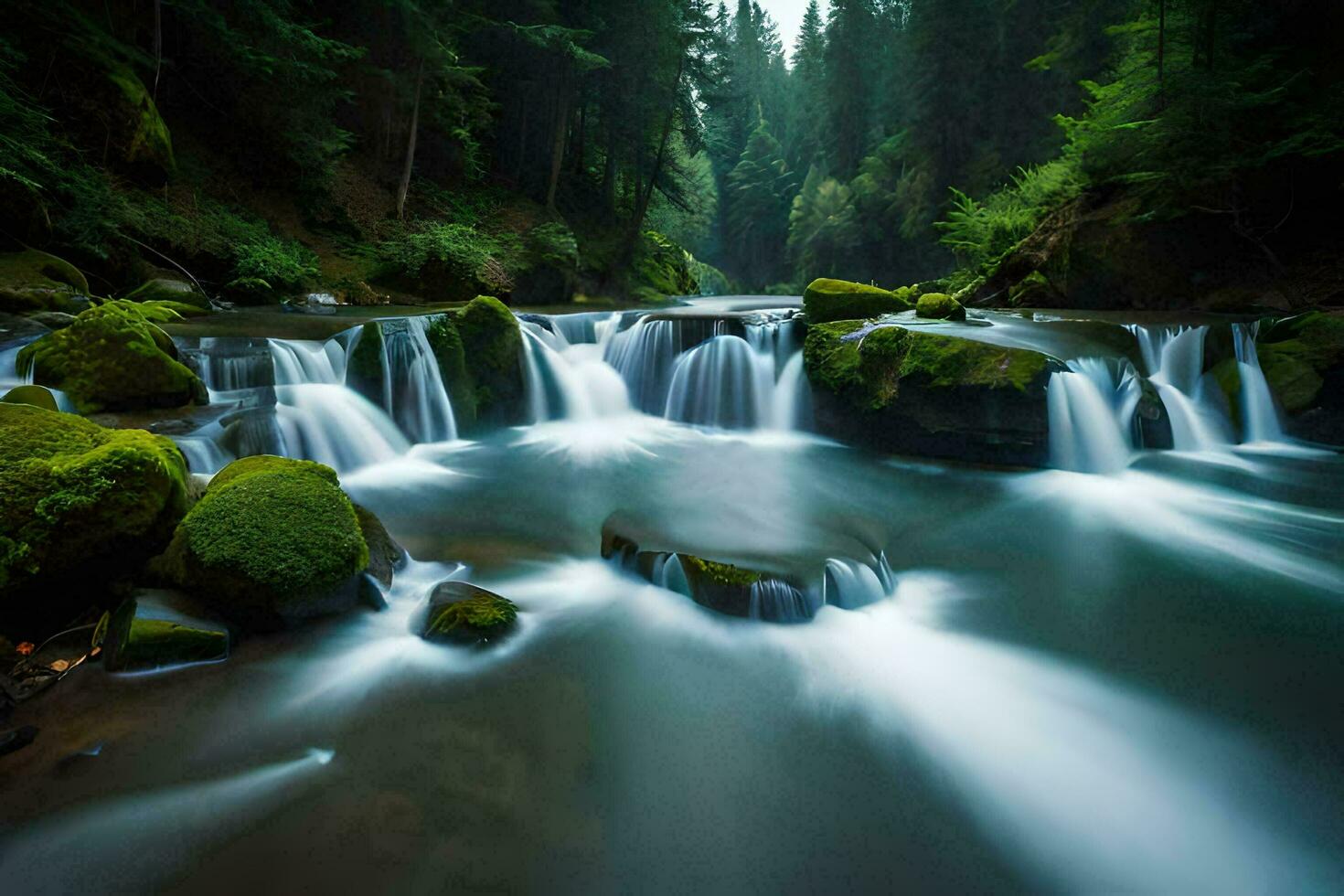 une cascade dans le forêt avec moussu rochers. généré par ai photo