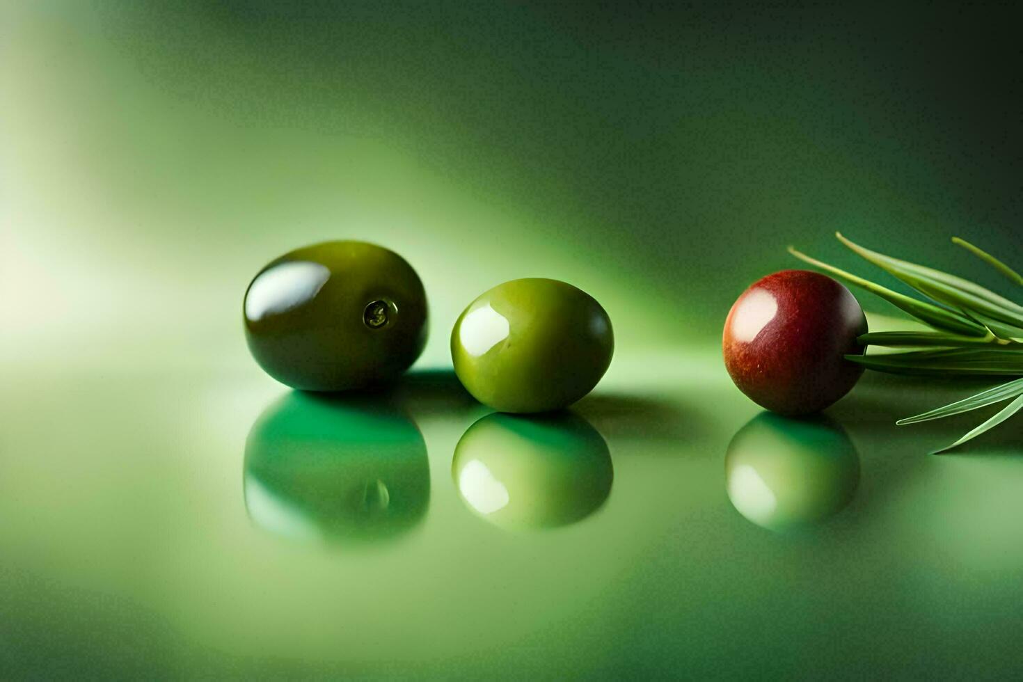 Trois vert et rouge Olives sur une vert surface. généré par ai photo