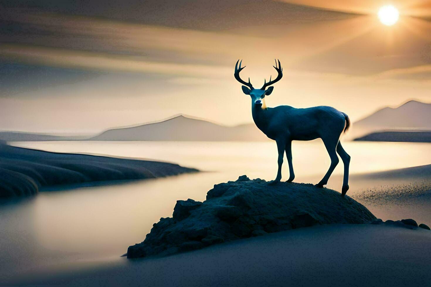 une cerf des stands sur une Roche dans de face de le l'eau. généré par ai photo