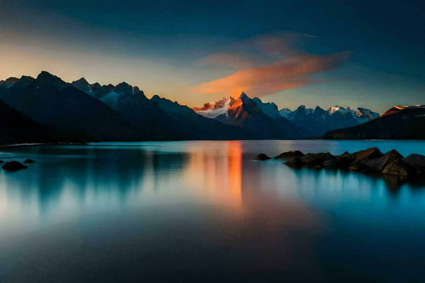 une Lac et montagnes à le coucher du soleil. généré par ai photo