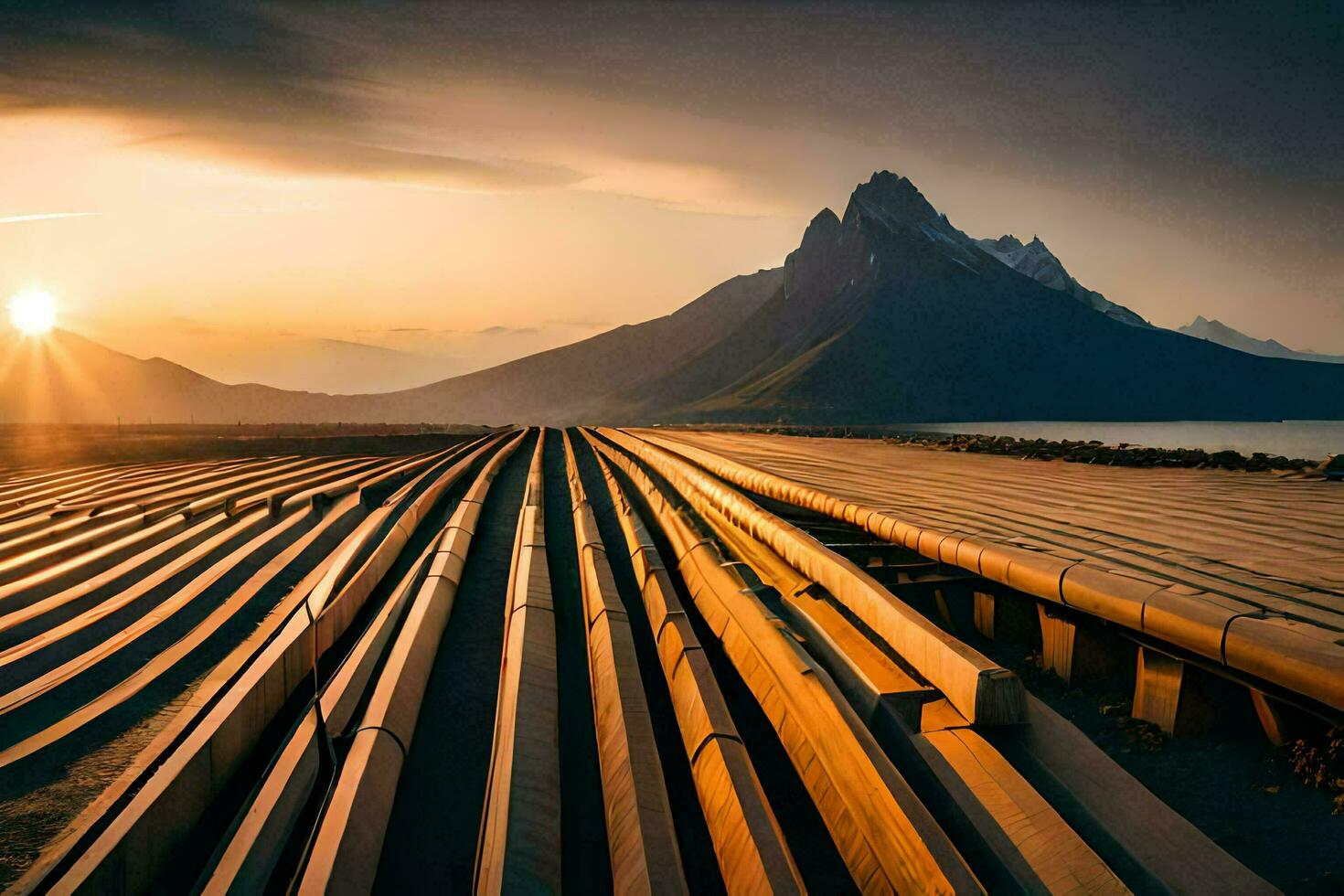 une longue ligne de tuyaux dans de face de une Montagne. généré par ai photo