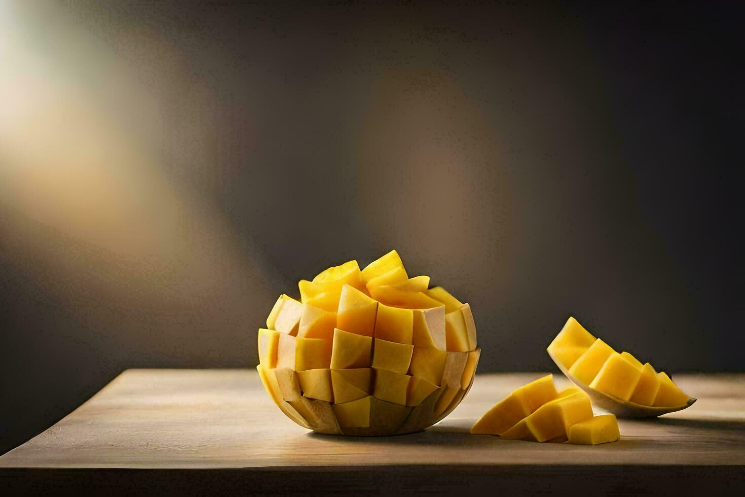 une mangue est Couper dans moitié et séance sur une tableau. généré par ai photo