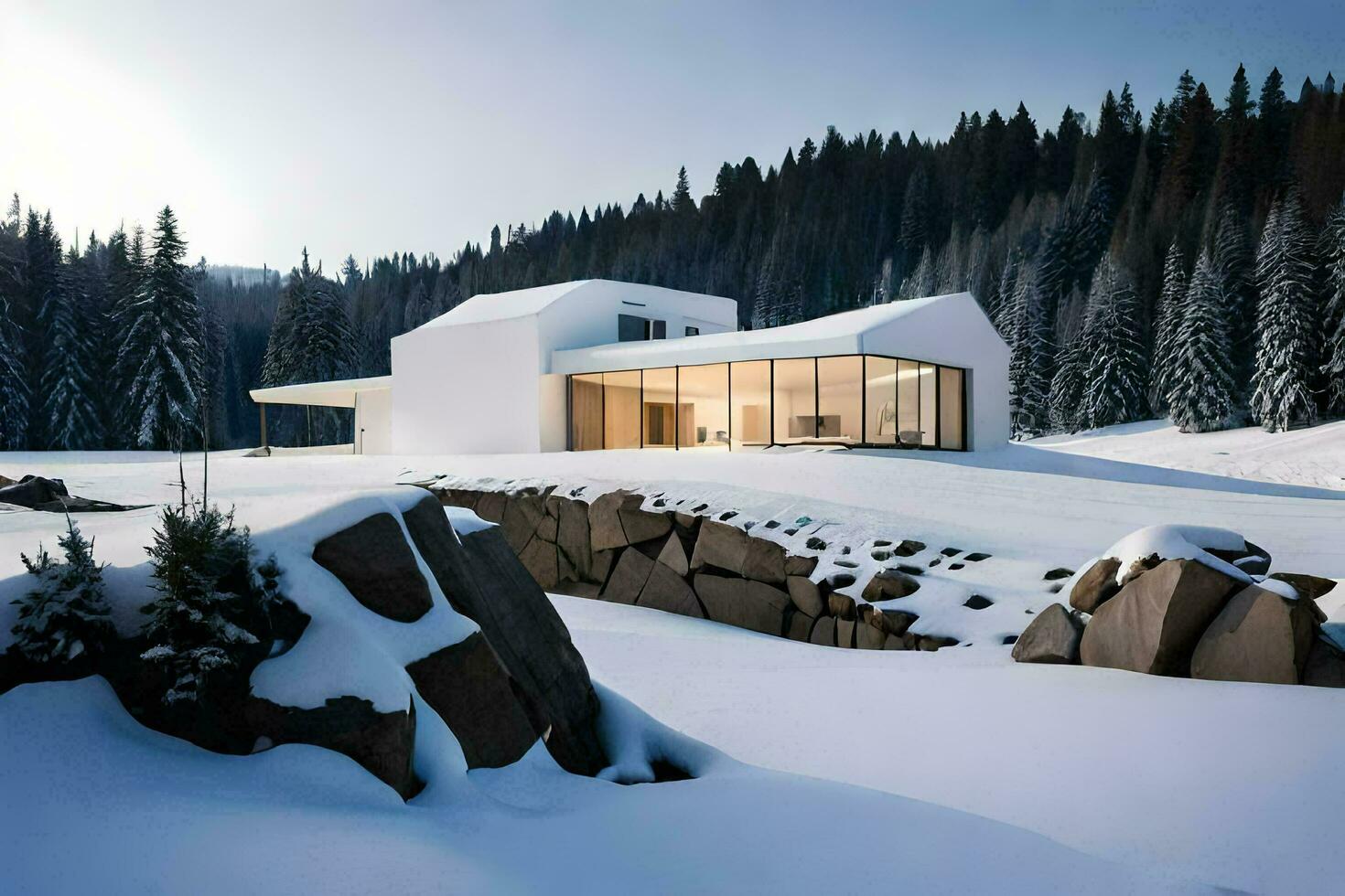 une moderne maison dans le neige avec des arbres. généré par ai photo
