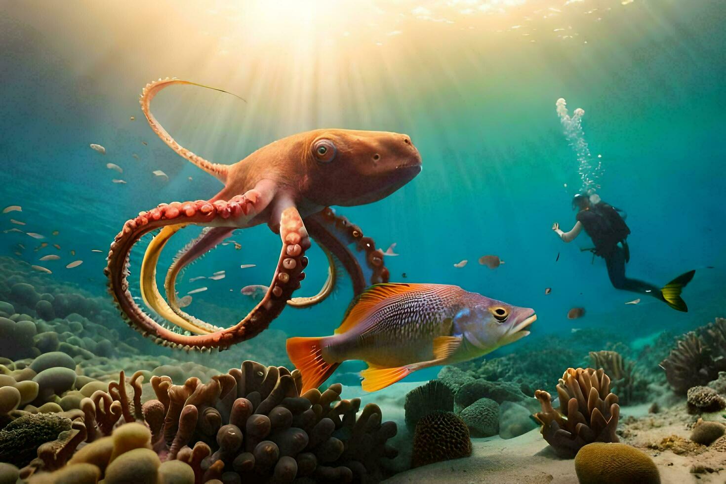 un poulpe et une poisson dans le océan. généré par ai photo