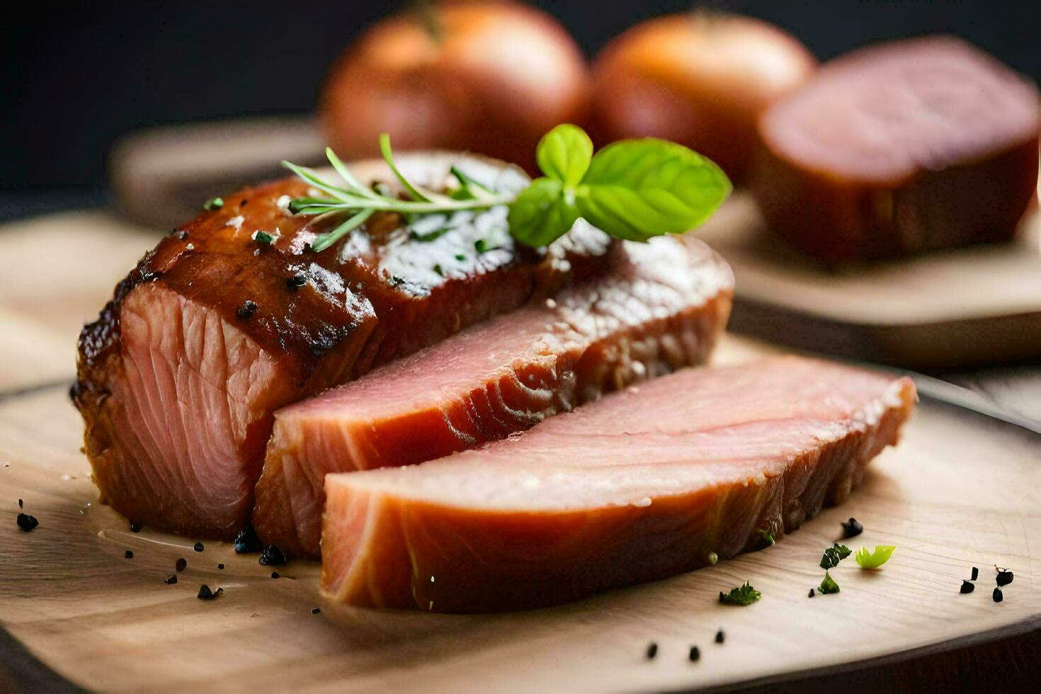 tranché Viande sur une Coupe planche avec herbes. généré par ai photo