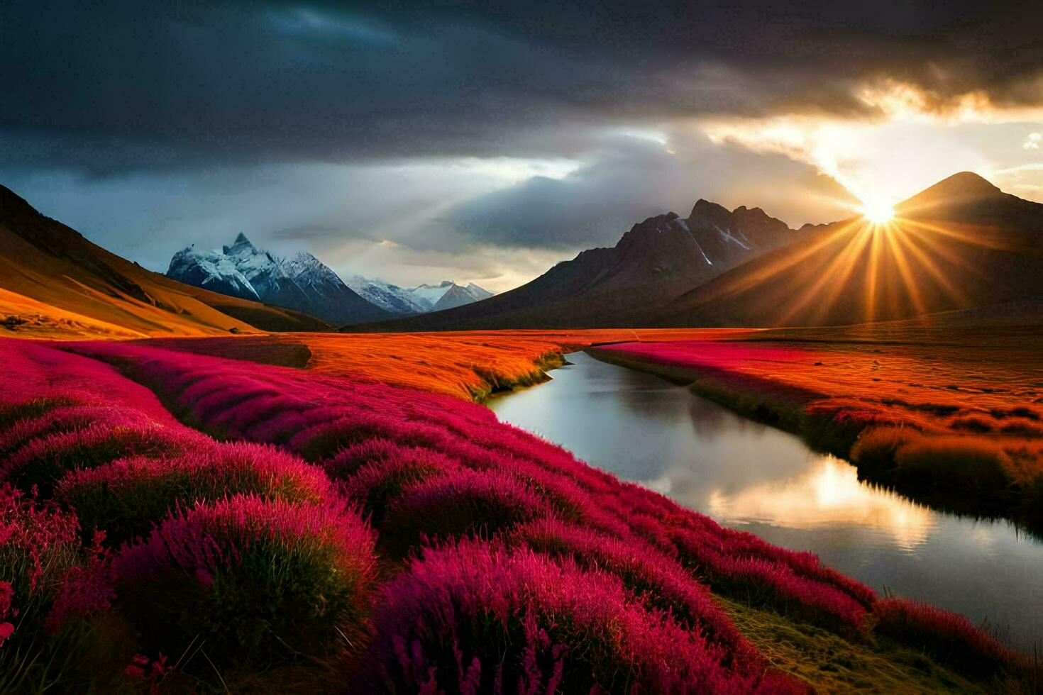 le Soleil brille sur le rose fleurs dans le montagnes. généré par ai photo