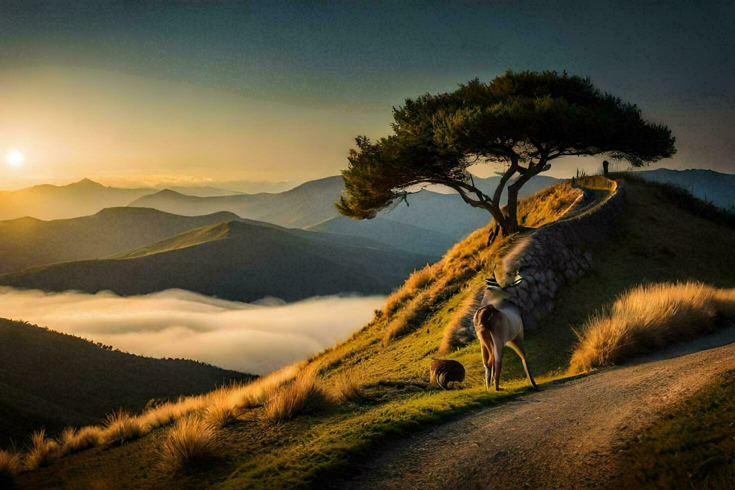 le cheval est permanent sur le route dans le milieu de le vallée. généré par ai photo