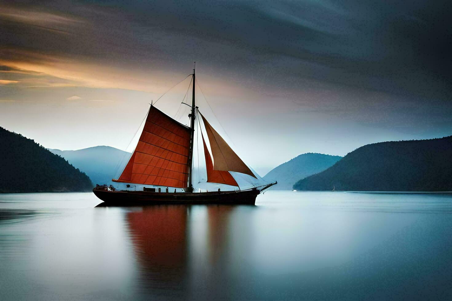 une voilier dans le l'eau à le coucher du soleil. généré par ai photo