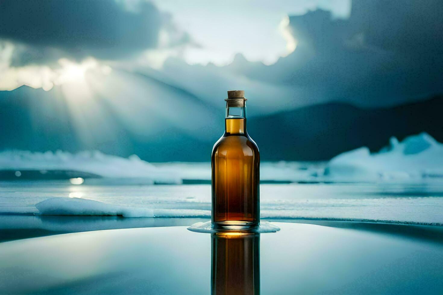 une bouteille de whisky sur le glace. généré par ai photo