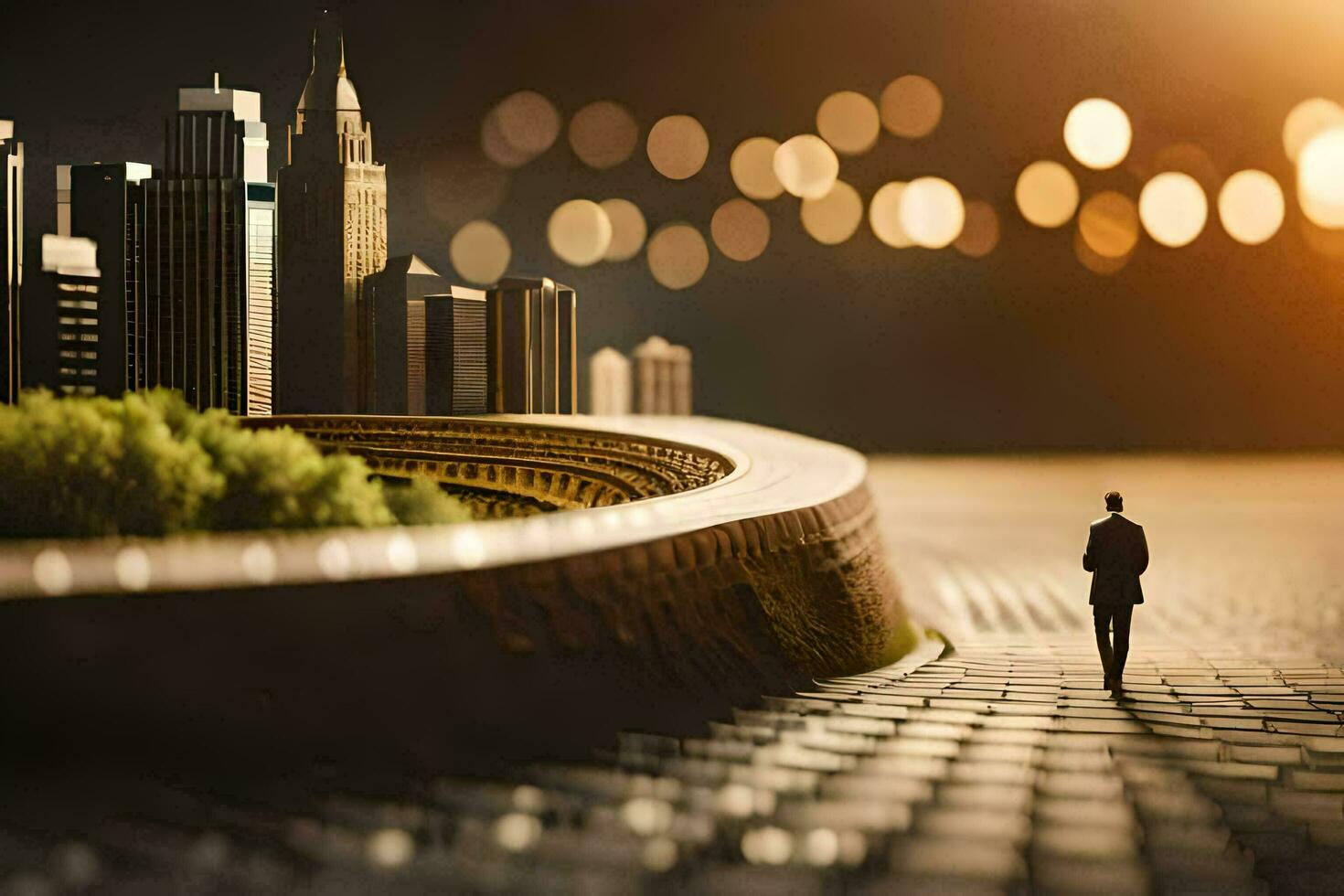 une homme en marchant dans de face de une ville ligne d'horizon. généré par ai photo