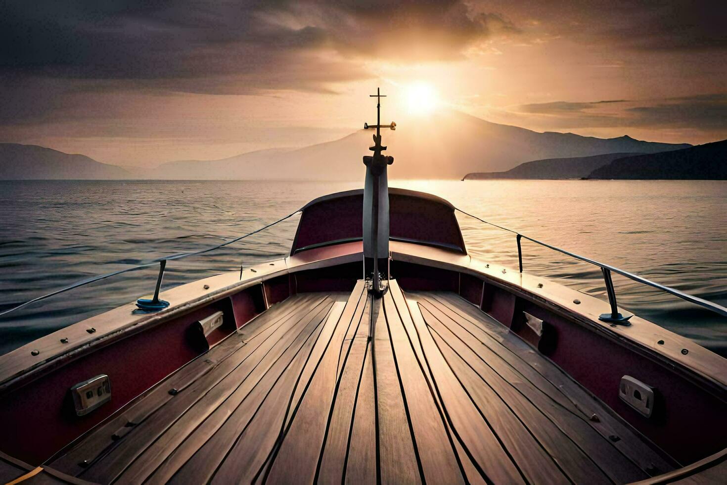 une bateau est amarré à le littoral à le coucher du soleil. généré par ai photo