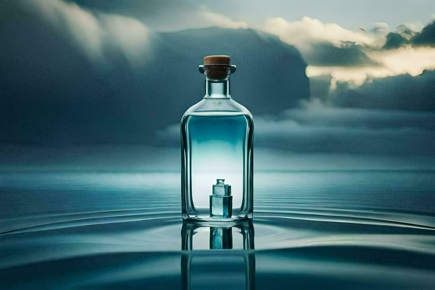 une bouteille de l'eau dans le milieu de le océan. généré par ai photo