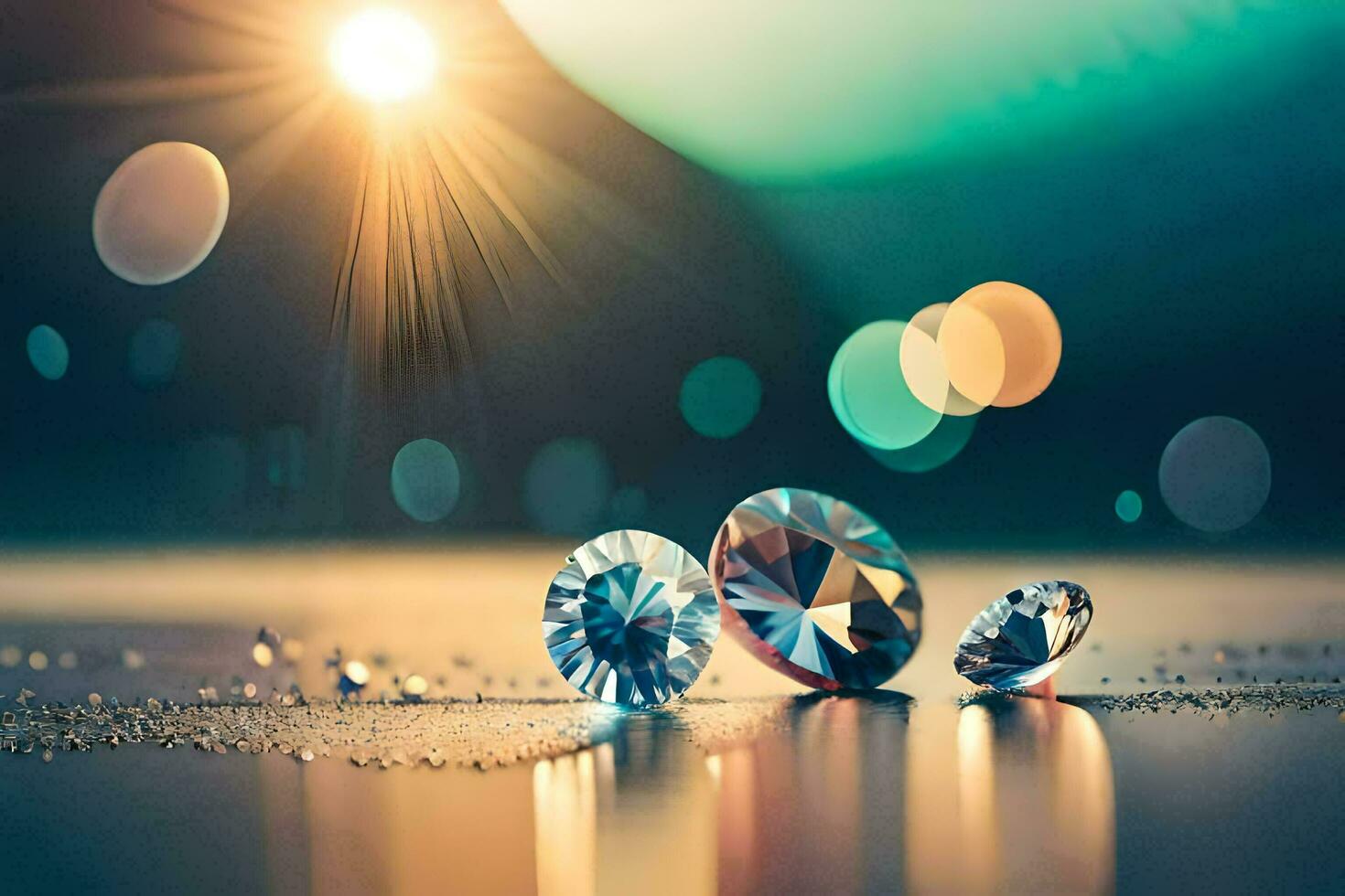 Trois diamants sur une table avec une brillant lumière derrière eux. généré par ai photo