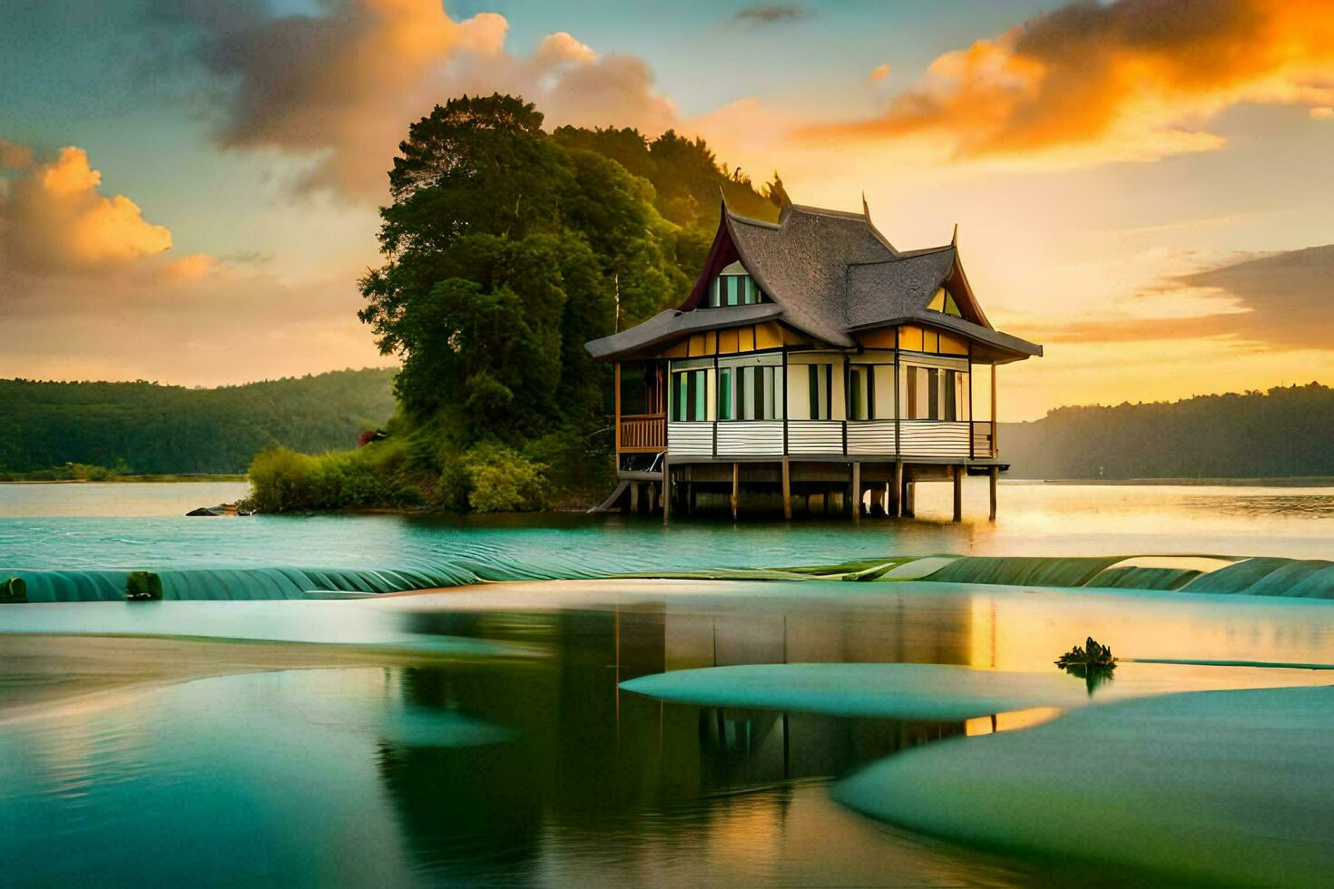 une maison est assis sur le bord de une Lac à le coucher du soleil. généré par ai photo