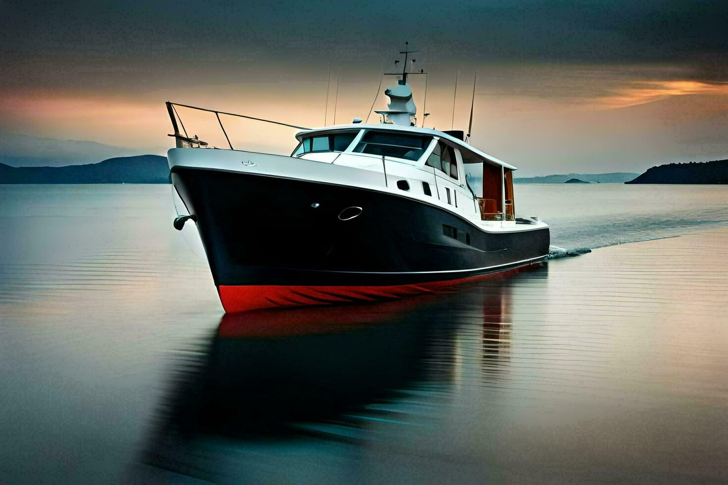 une bateau est voile sur le l'eau à le coucher du soleil. généré par ai photo