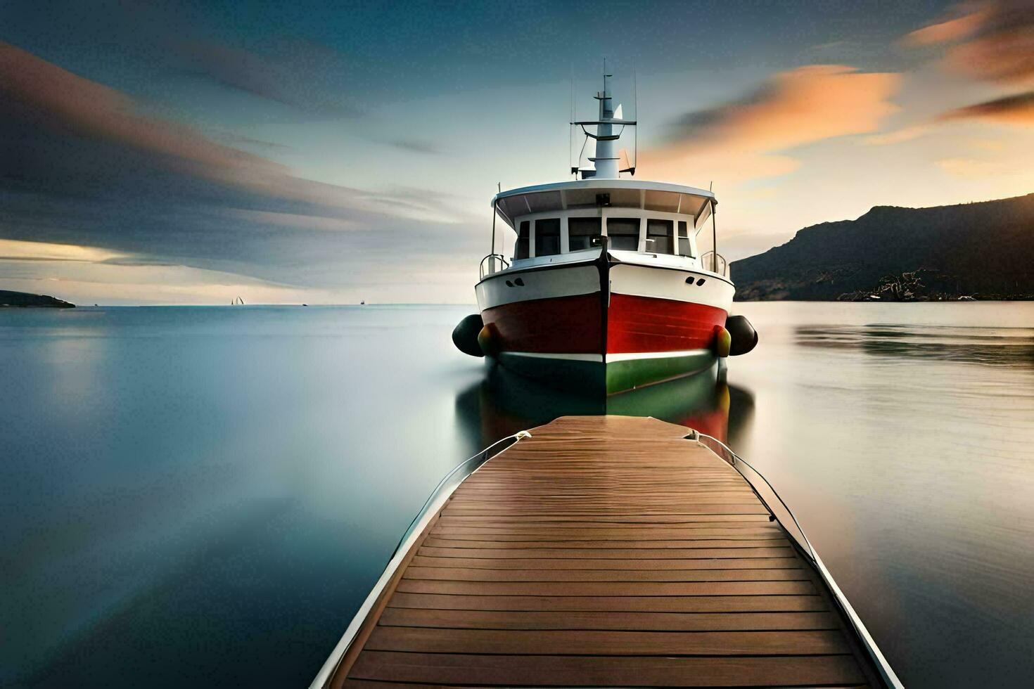 une bateau amarré à le fin de une Dock. généré par ai photo