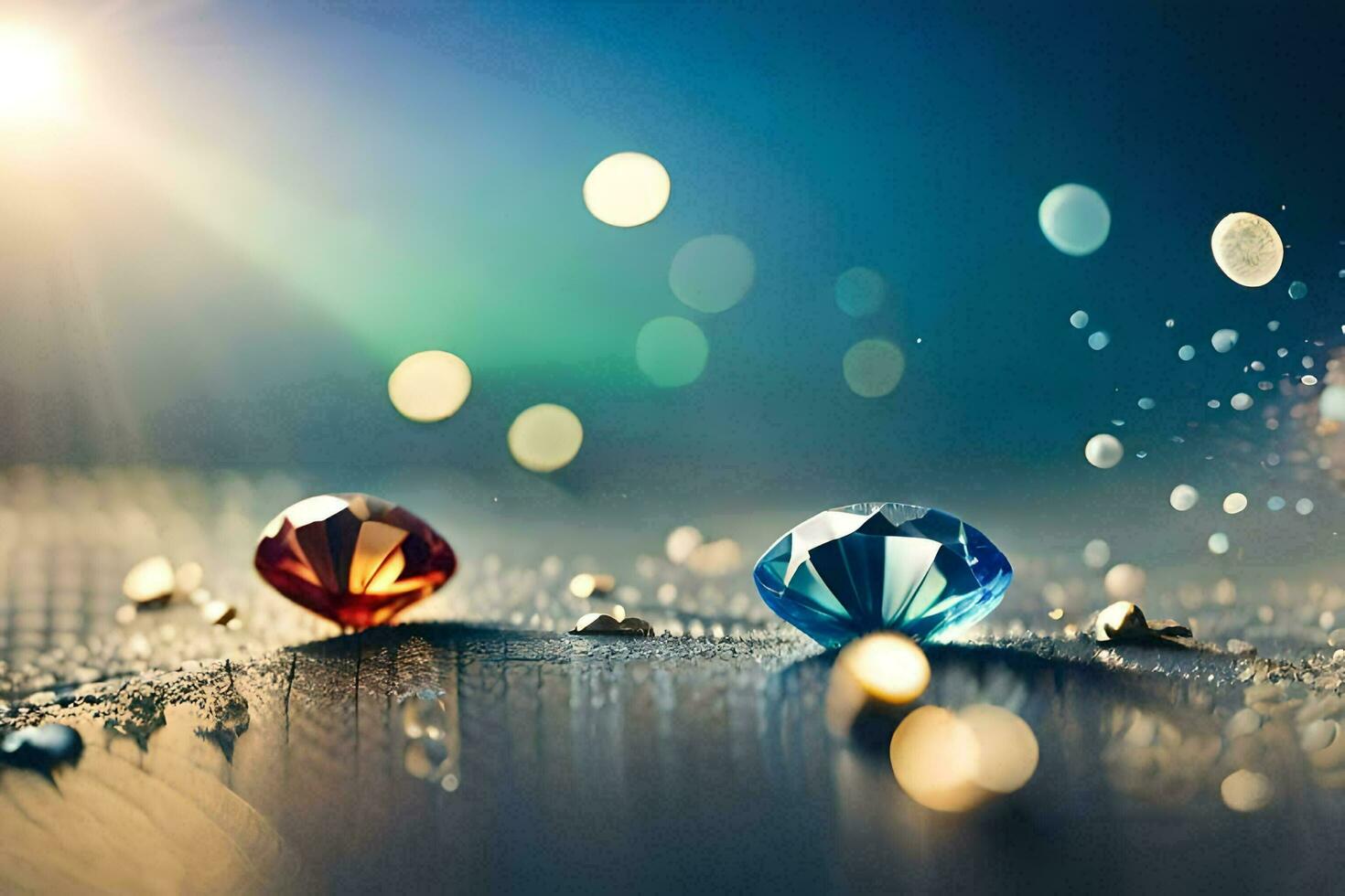 deux diamants sur une table avec bokeh. généré par ai photo