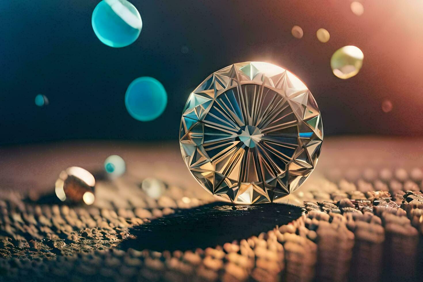 une diamant est montré sur une table avec bulles. généré par ai photo