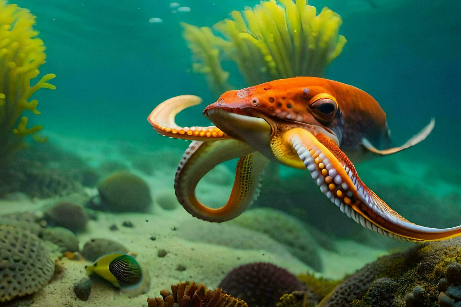 un poulpe nager dans le océan avec corail. généré par ai photo