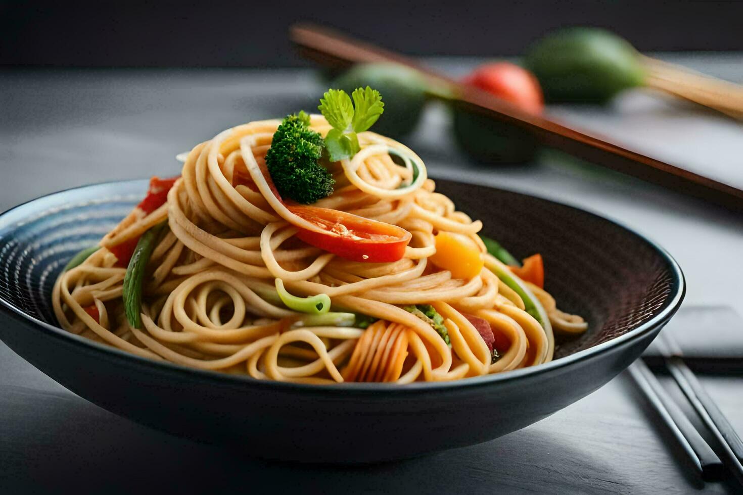 une bol de nouilles avec des légumes et baguettes. généré par ai photo