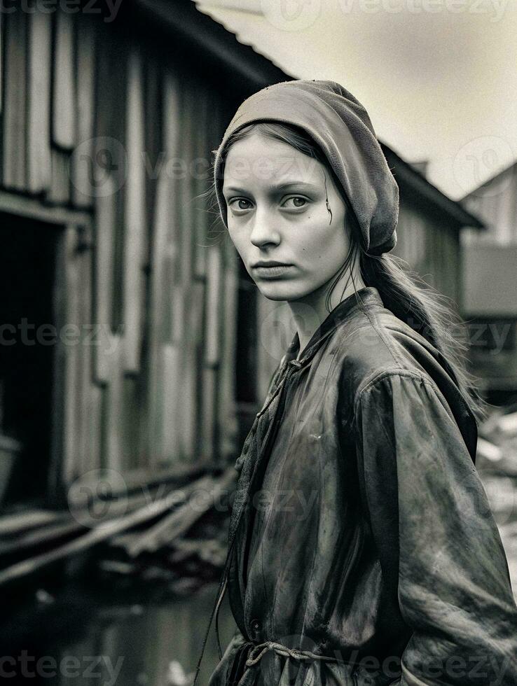 résilient beauté Jeune femme avec foulard, fille avec une perle boucle d'oreille style, génial la dépression ère génératif ai photo