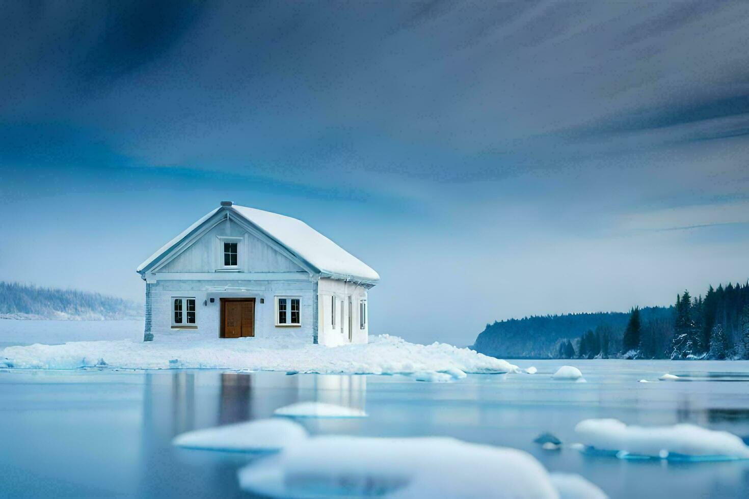 une petit maison est assis sur un la glace banquise dans le milieu de le l'eau. généré par ai photo
