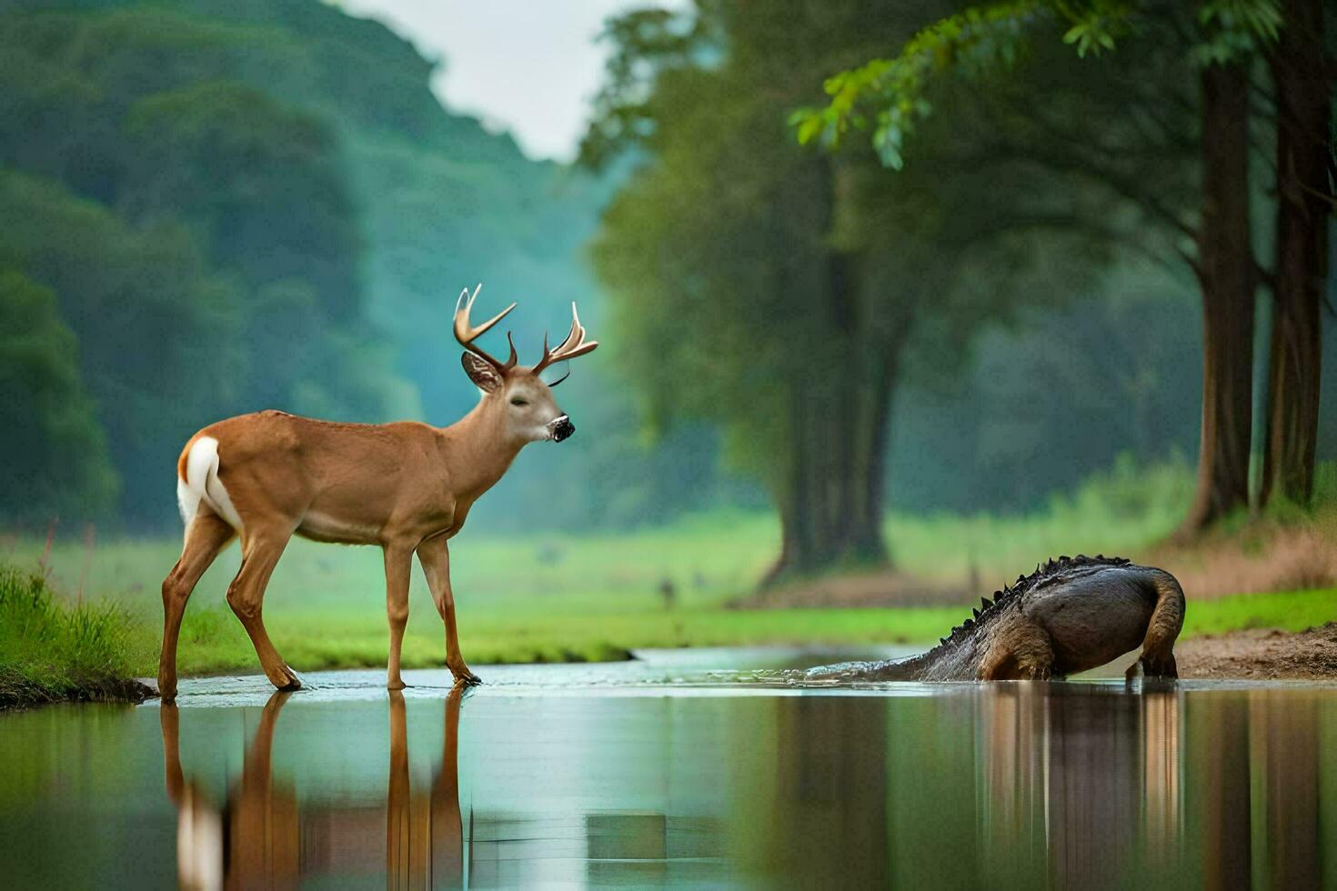 une cerf et un alligator permanent dans une rivière. généré par ai photo