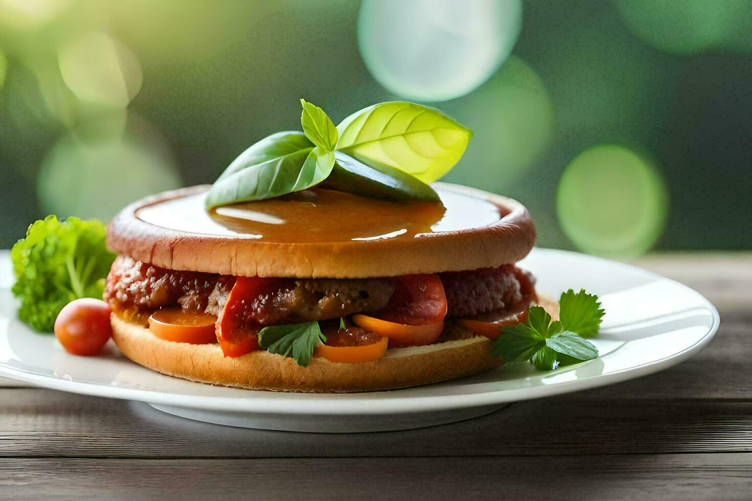 une Hamburger avec tomate sauce et des légumes sur une blanc plaque. généré par ai photo