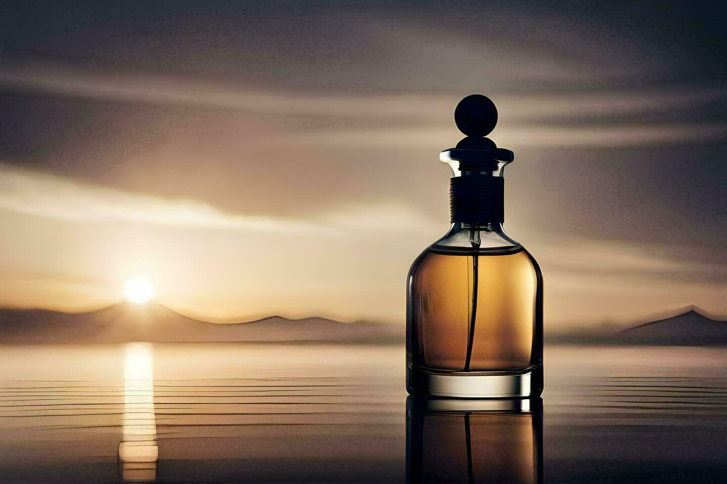 une bouteille de parfum séance sur le l'eau avec le Soleil réglage derrière il. généré par ai photo