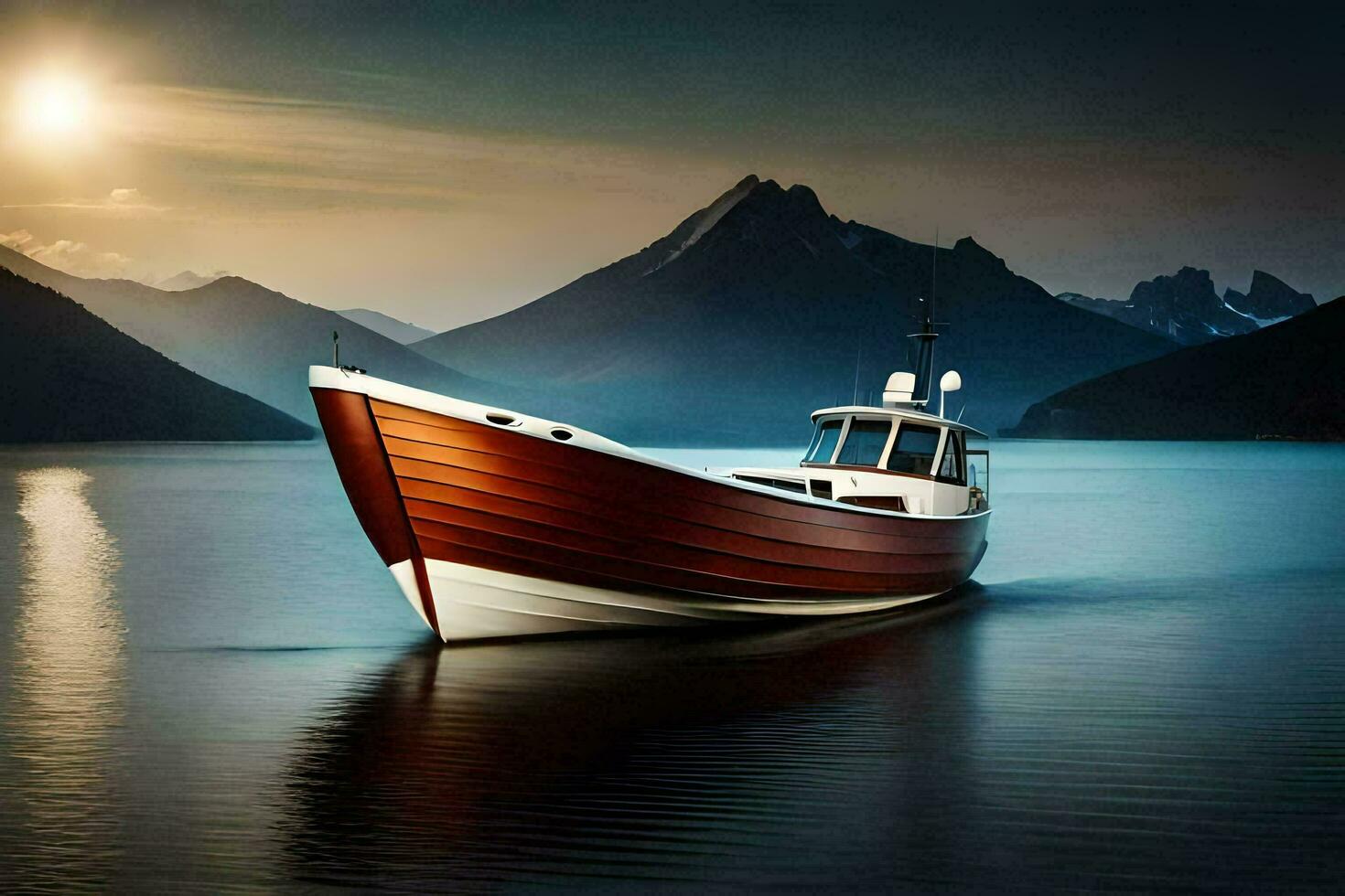 une bateau sur le l'eau avec montagnes dans le Contexte. généré par ai photo
