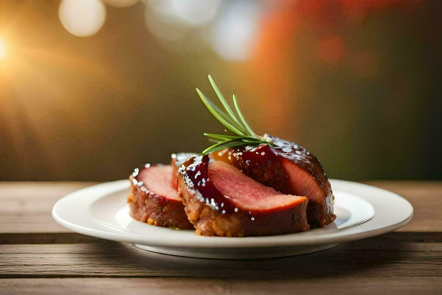 une assiette de Viande avec Romarin brins sur une en bois tableau. généré par ai photo